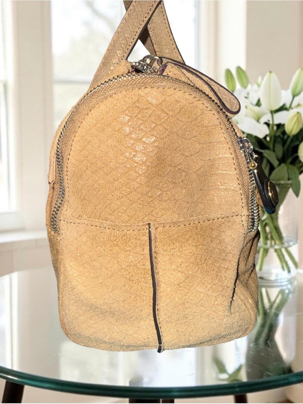 B. Makowsky Whitney Gold Shimmer Snakeskin Embossed Leather Satchel Bag - Picture 6 of 12